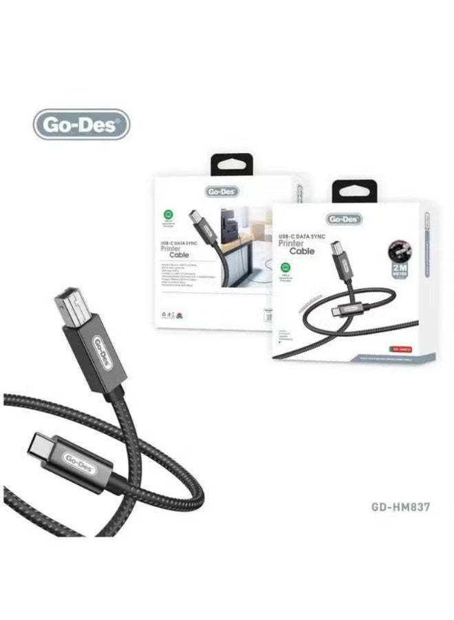 USB-C Data Sync Printer Cable GD-HM837, 2M Braided | WIDGETS MATRIX - Image 1