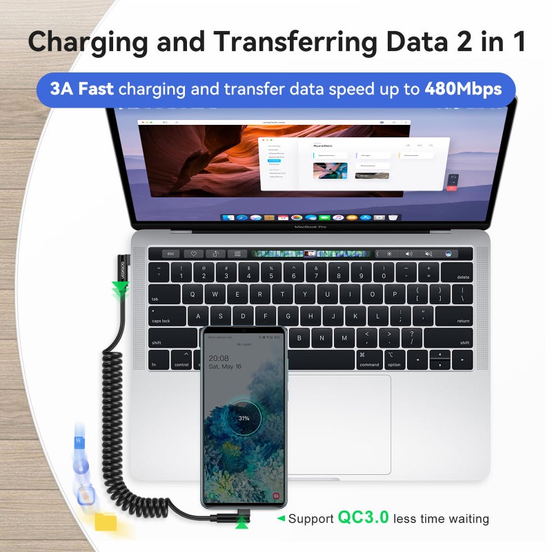 aceyoon aceyoon USB C to USB C Coiled Cable, 2 Pieces 1.5 m 3 A/60 W Coiled Cable USB C Supports PD3.0 & QC3.0 Type C Android Car Fast Charging Cable for iPhone 15 Series, for Galaxy S23/S22  - Image 2