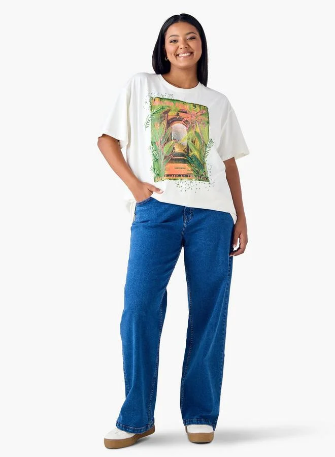 Ulla Popken Plus Size Ulla Popken Graphic Print T-shirt with Embellishment