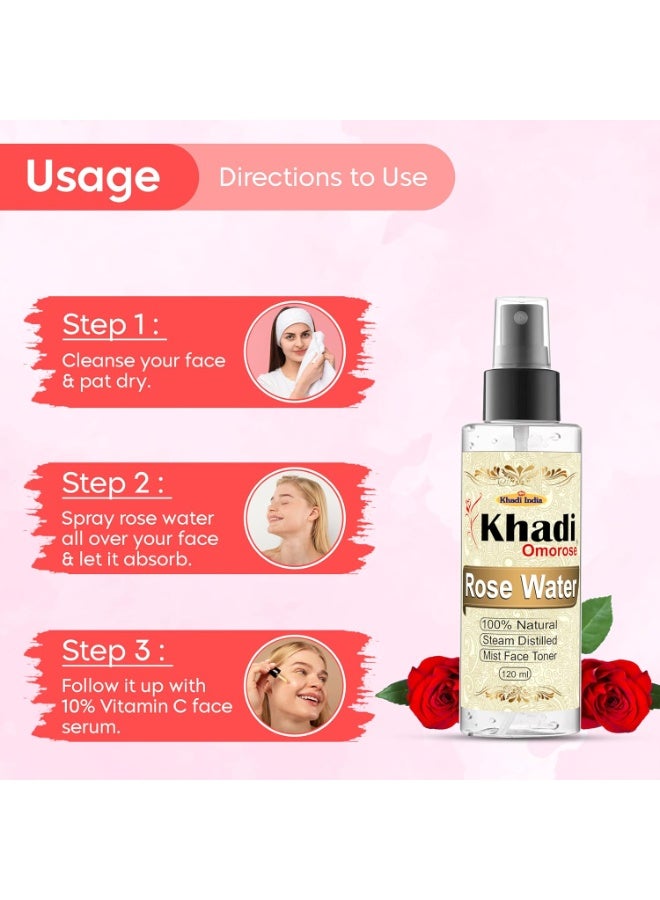 Khadi Omorose Rose Water 120 ml, Natural & Steam Distilled for Skin | 100% Pure & Undiluted (Extraxted from 1 Mann Flower) | - Image 3