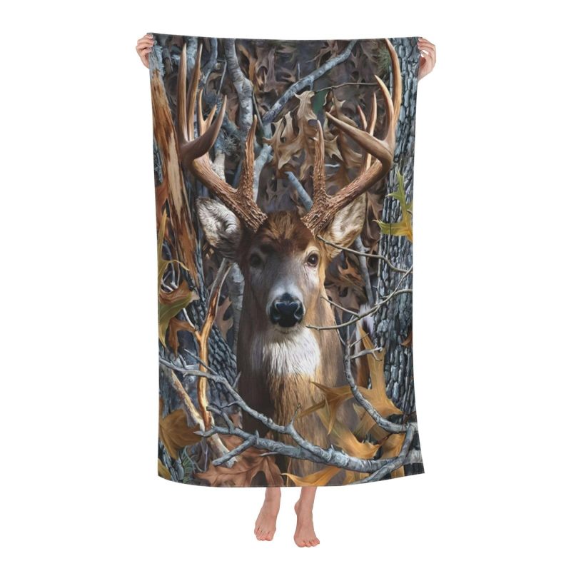 Quick Dry Microfiber Towel: Brown Camo Buck Deer Pattern - Lightweight Compact Design Versatile Towel for Beach Camping Gym Travel Pool Outings - Image 1