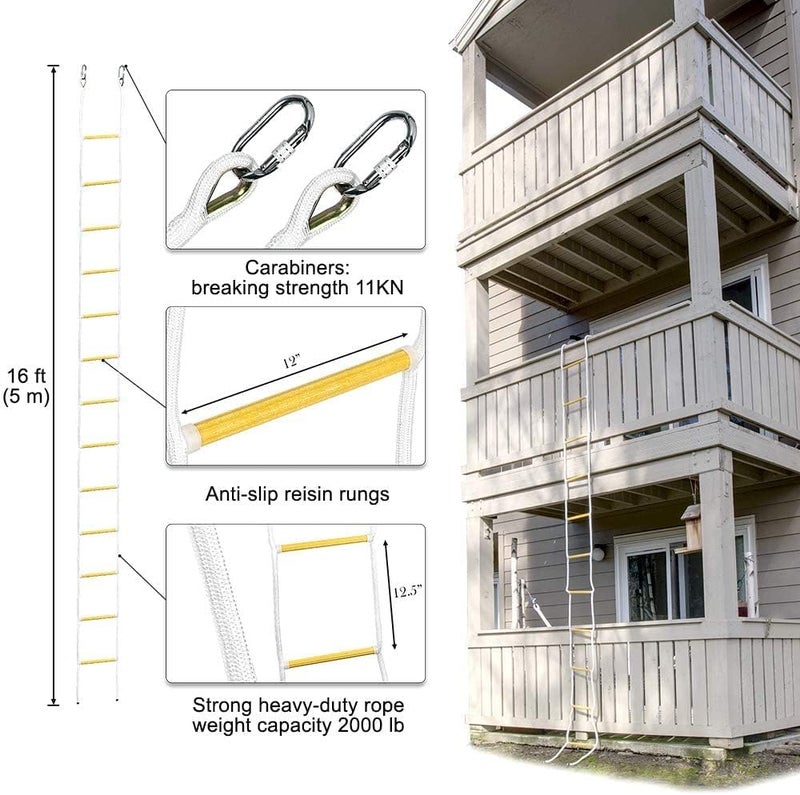 ISOP Fire Escape Rope Ladder 2 Story 16ft with Mounting Clips & Anchors - Second Story Escape Ladder Fast to Deploy & Easy to Use & Store - Compact - Weight Capacity up to 2000 lb Emergency Ladder 5m - Image 3