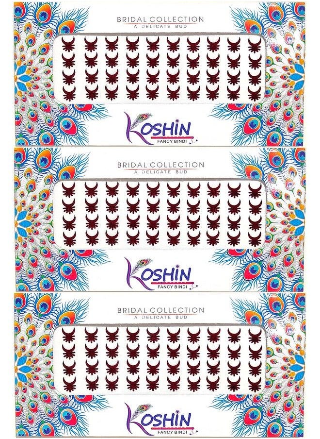 KOSHIN - Dark Maroon Color Half Moon Shape Large Size (Per Bindi Height 10 Mm X Width 8 Mm) Forehead Bindi For Girls Women Ladies Pack Of 3 (Maroon Chand Bindi) - Image 1