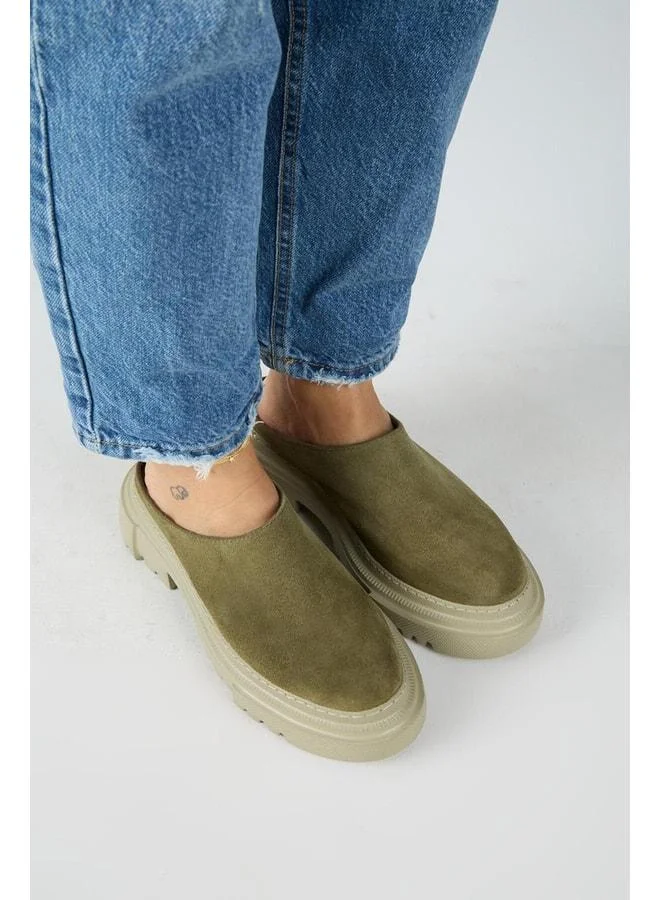 Manijero  Bianca Women's Genuine Leather Flat Sabot Khaki Slippers. for Women | Best Price UAE