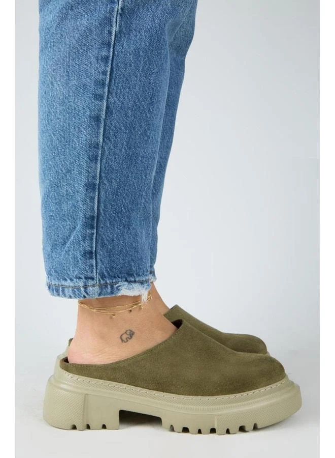Bianca Women's Genuine Leather Flat Sabot Khaki Slippers.