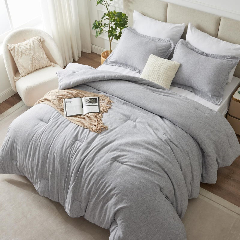 CozyLux Queen Comforter Set 3 Pieces Light Grey Soft Luxury Cationic Dyeing Queen Comforter for All Season Light Gray Breathable Lightweight Fluffy Bedding Sets with 1 Comforter and 2 Pillow Shams