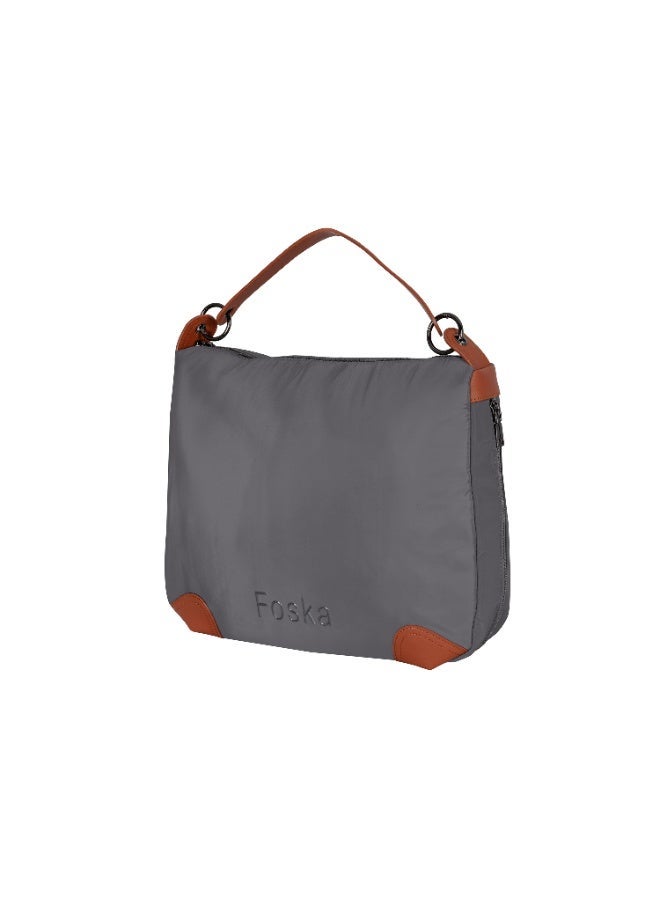 فوسكا شنطة Foska يد كبيرة (توت) قماش و جلد – تصميم واسع للعمل والسفر لون رمادي وبني – مقاس 39x30 سم - Image 2