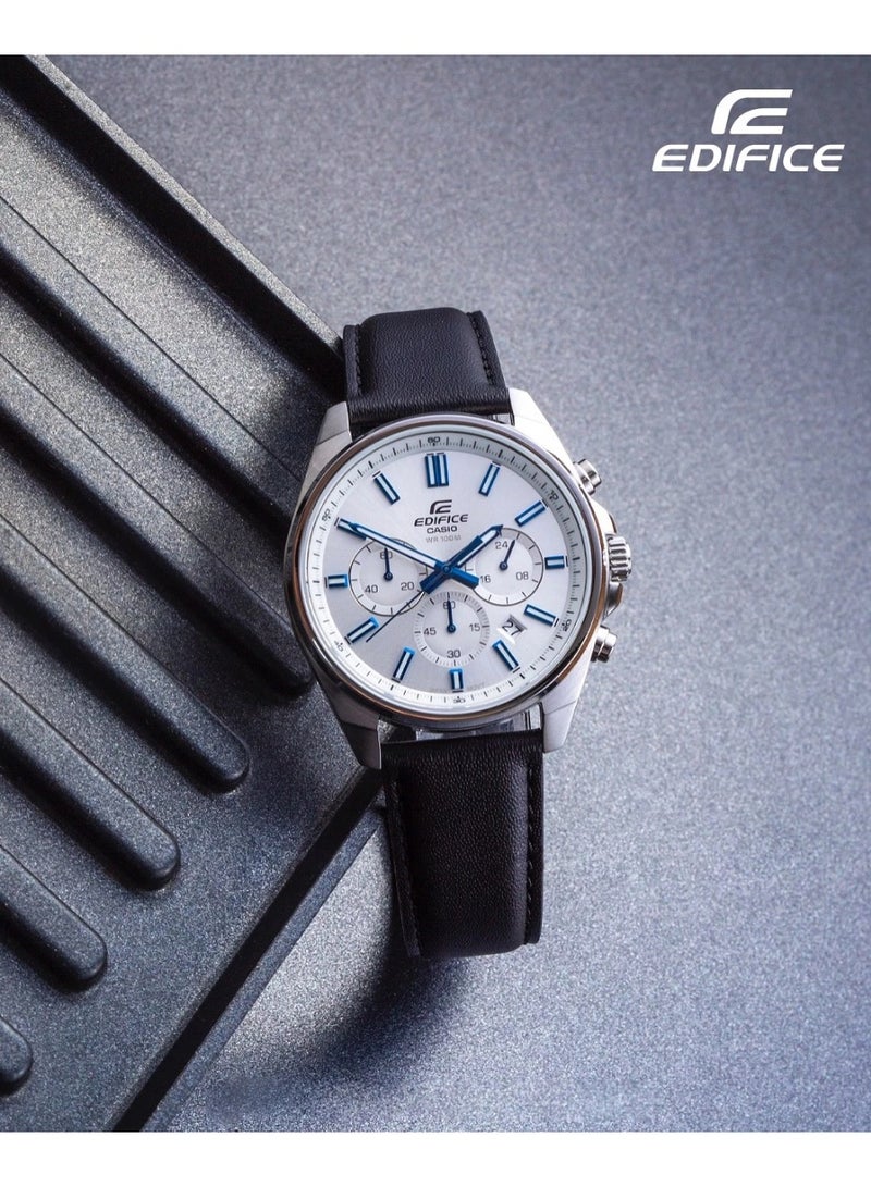 Casio Edifice EFV-650L-7AVUDF Men's Chronograph Watch, White/Silver Dial, Black Leather Strap, 100M Water Resistant - Image 5