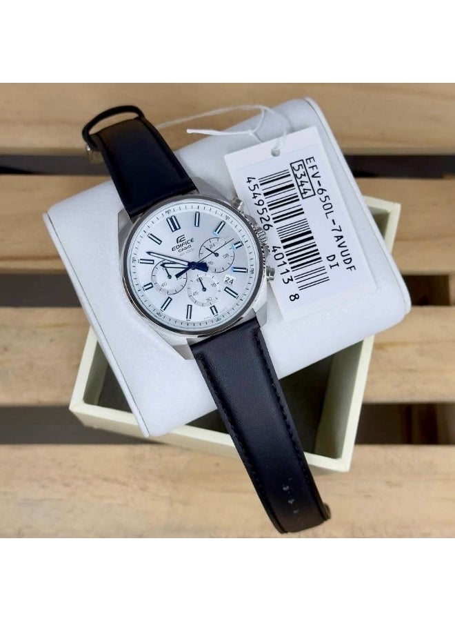 Casio Edifice EFV-650L-7AVUDF Men's Chronograph Watch, White/Silver Dial, Black Leather Strap, 100M Water Resistant - Image 3