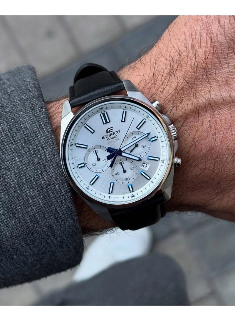 Casio Edifice EFV-650L-7AVUDF Men's Chronograph Watch, White/Silver Dial, Black Leather Strap, 100M Water Resistant - Image 2