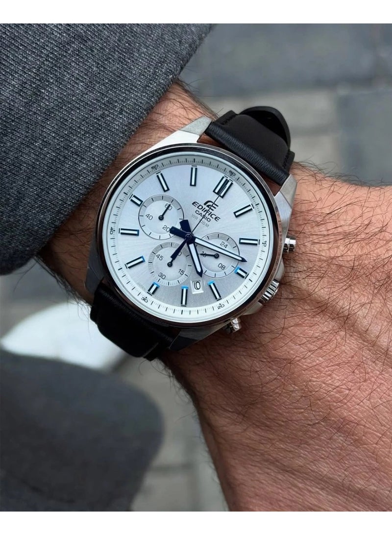 Casio Edifice EFV-650L-7AVUDF Men's Chronograph Watch, White/Silver Dial, Black Leather Strap, 100M Water Resistant - Image 4