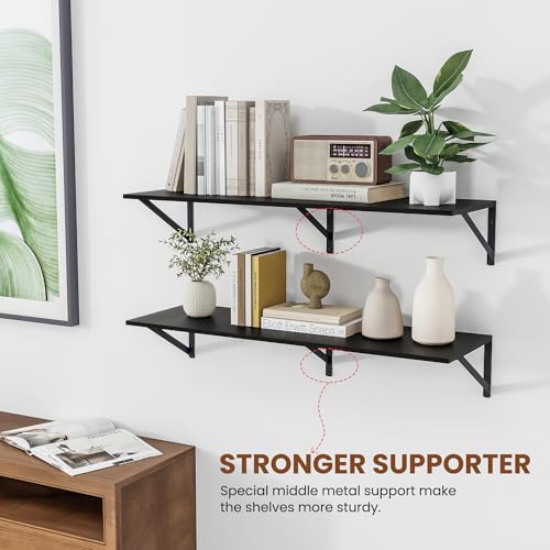 Heimlove Black Deep Floating Shelves for Wall 36W x 12D Wood Wall Shelves Set of 2 Wide Floating Bookshelf for Living Room Kitchen Office Bedroom and Decor Storage with Metal Bracket Black - Image 3