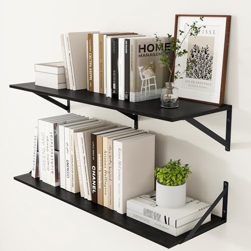 Heimlove Black Deep Floating Shelves for Wall 36W x 12D Wood Wall Shelves Set of 2 Wide Floating Bookshelf for Living Room Kitchen Office Bedroom and Decor Storage with Metal Bracket Black - Image 1