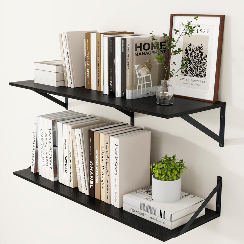 Heimlove Black Deep Floating Shelves for Wall 36W x 12D Wood Wall Shelves Set of 2 Wide Floating Bookshelf for Living Room Kitchen Office Bedroom and Decor Storage with Metal Bracket Black - Image 2