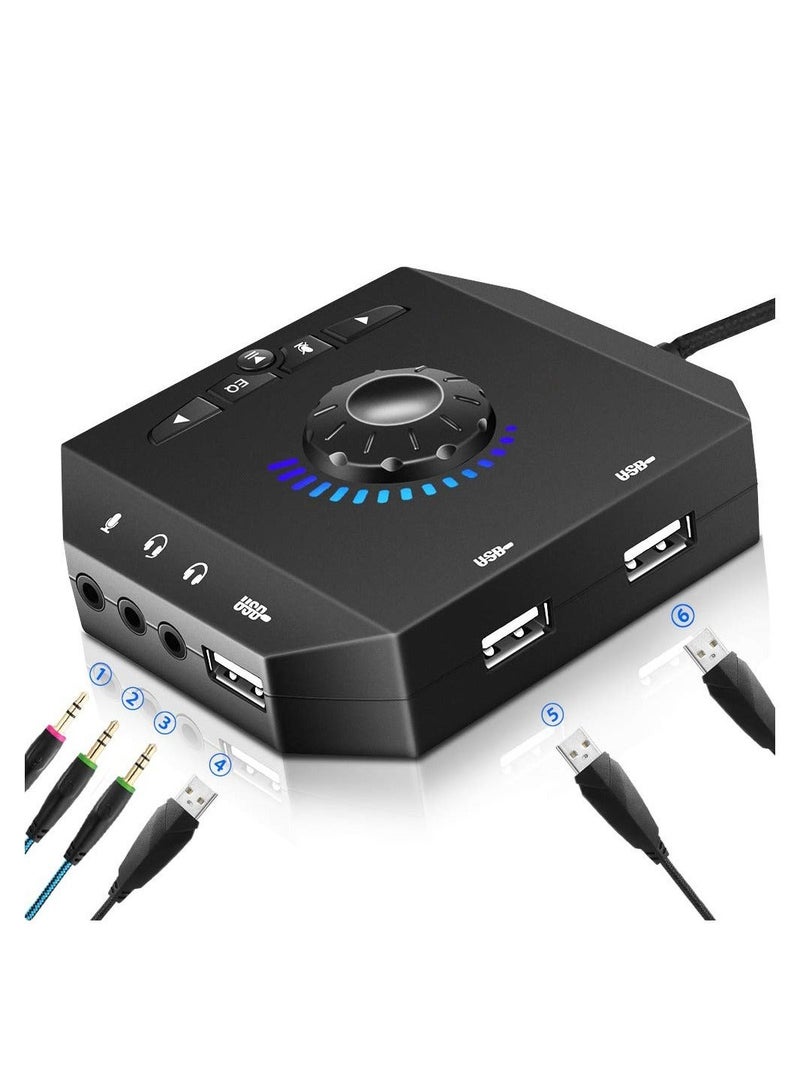 Captaintech T10 External Sound Card, USB Hubs, Audio Adapter, External Stereo Sound Card, 3.5mm Headphone Microphone Jack, Volume Control, Plug & Play (6-in-1) USB Audio Adapter for PC Windows, Mac, Laptops - Image 1