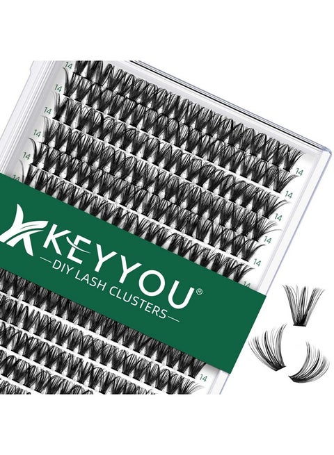 Lash Clusters 300Pcs Individual Lashes 40D 0.07C Curl 14Mm Diy Eyelash Extension Keyyou Large Tray Volume Soft&Natural Cluster Lashes(40D0.07C14）