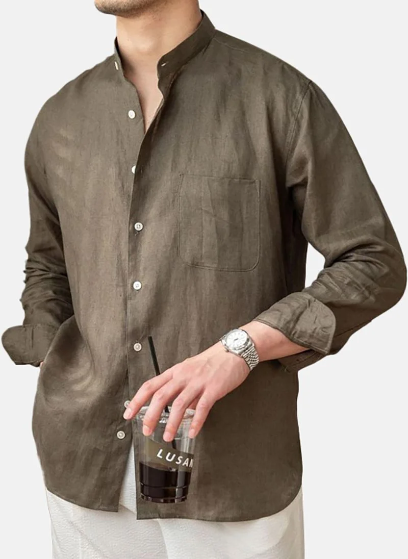 يونيكي Brown Casual Linen Mandarin Collar Shirts