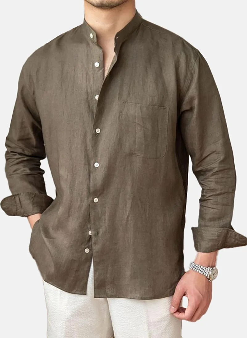 يونيكي Brown Casual Linen Mandarin Collar Shirts