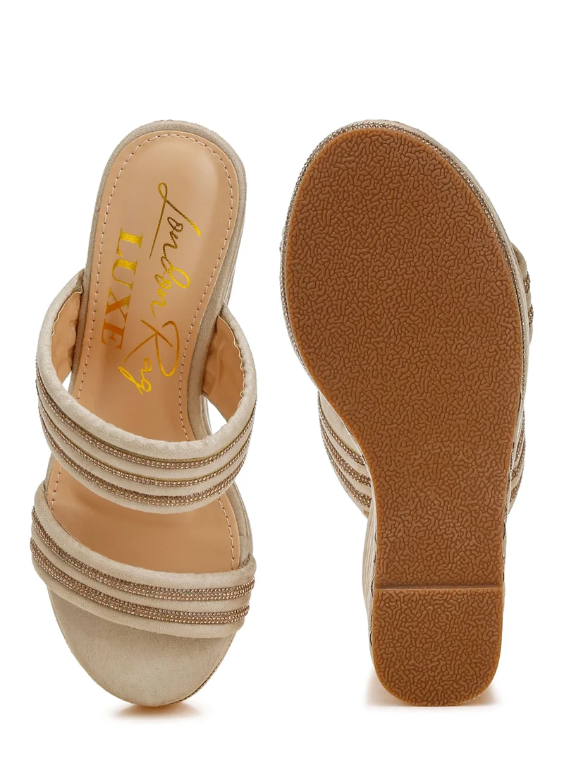 London Rag Rhinestones Embellished Wedge Sandals in Beige
