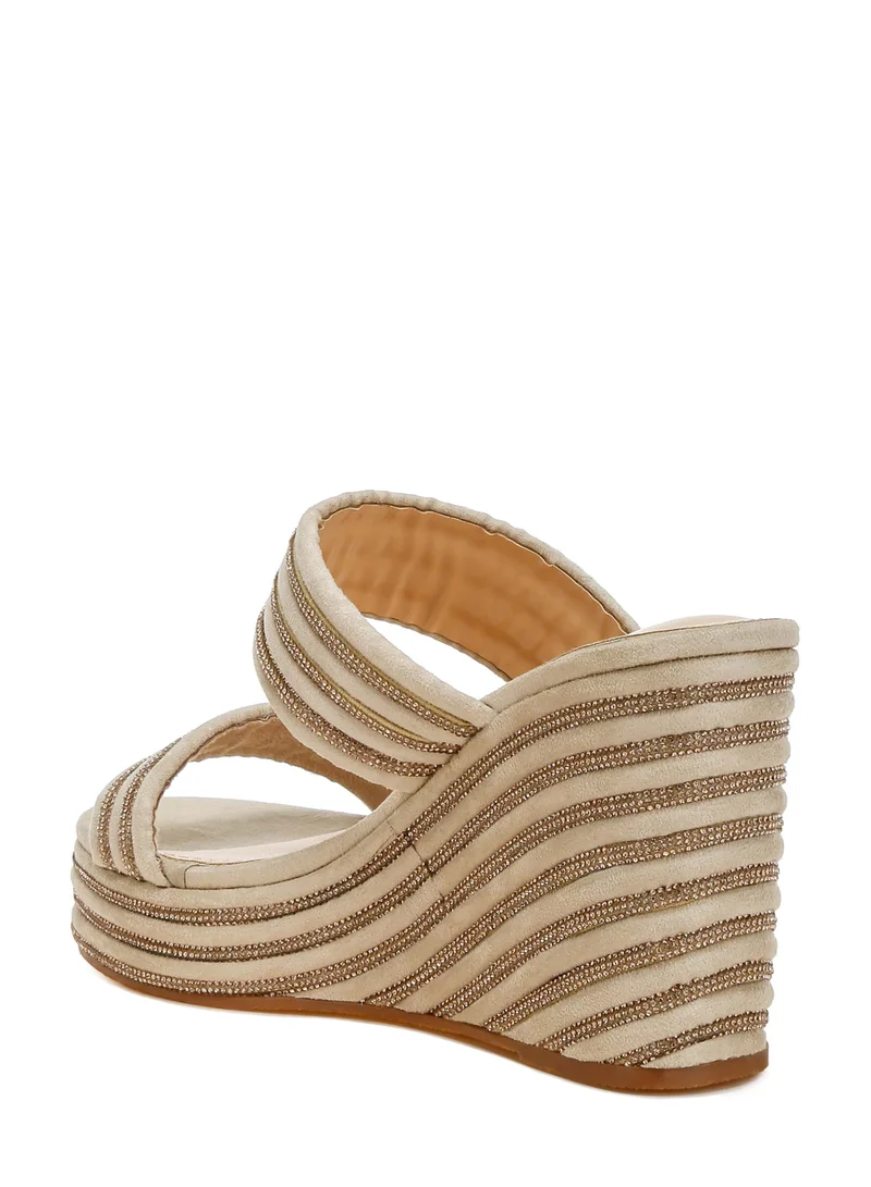 London Rag Rhinestones Embellished Wedge Sandals in Beige