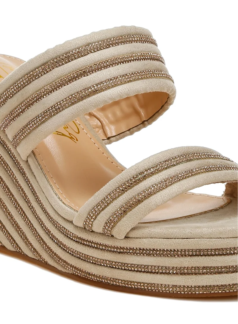 London Rag Rhinestones Embellished Wedge Sandals in Beige