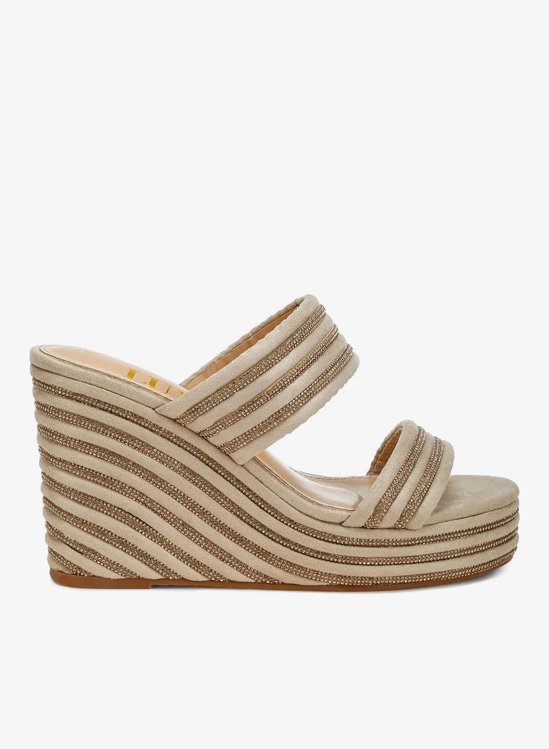 Rhinestones Embellished Wedge Sandals in Beige