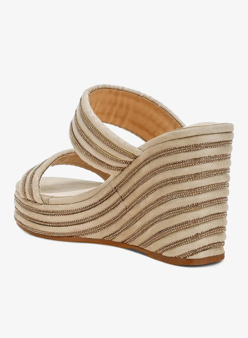 London Rag Nude Rhinestones Embellished Wedge Sandals in Beige for Women | Best Price UAE