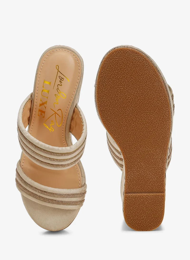 London Rag Nude Rhinestones Embellished Wedge Sandals in Beige for Women | Best Price UAE