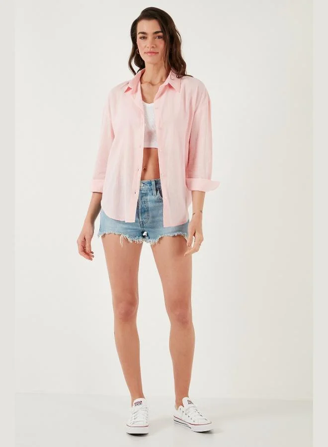 ليلا قميص نسائي قطني بأكمام طويلة بقصة عادية سادة