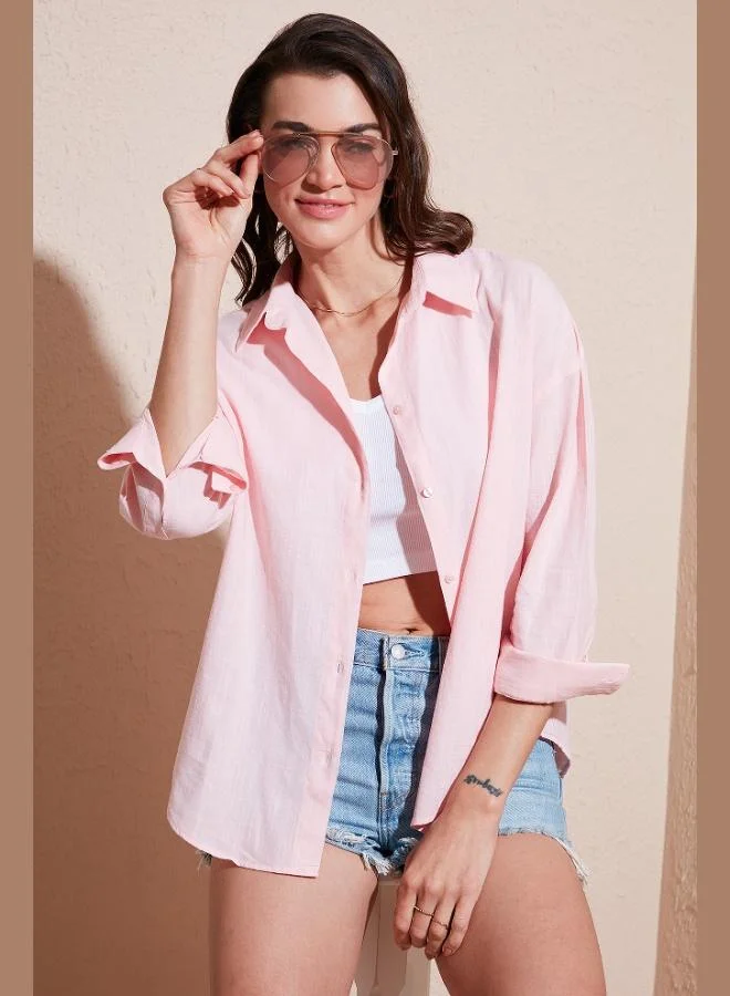 ليلا قميص نسائي قطني بأكمام طويلة بقصة عادية سادة