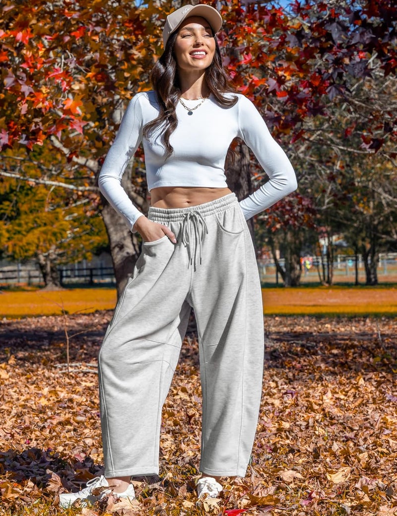 TARSE Women's Wide Leg Sweatpants Cotton Baggy Barrel Leg Lounge Pants Fall Outfits Athletic Joggers with Pockets, HeatherApricot L - Image 3