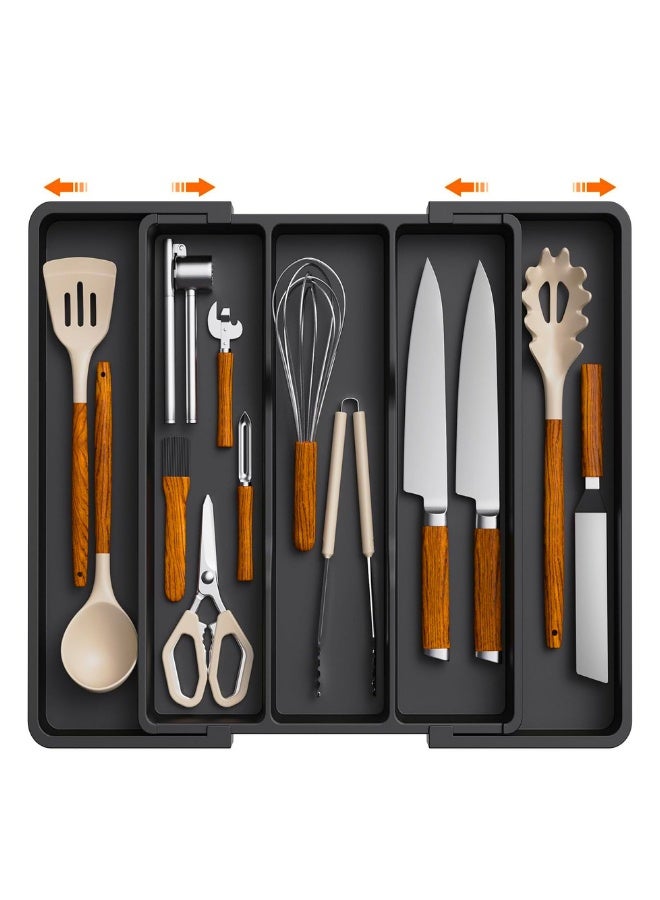 صينية أدوات مائدة للأدراج، حامل أدوات مطبخ كبير، قابل للتمدد حتى 57 سم، عمق 38 سم، منظم أدراج، حامل أدوات مائدة بلاستيكي للسكاكين/الشوك، أسود - Image 1