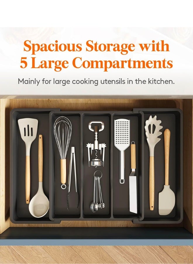 صينية أدوات مائدة للأدراج، حامل أدوات مطبخ كبير، قابل للتمدد حتى 57 سم، عمق 38 سم، منظم أدراج، حامل أدوات مائدة بلاستيكي للسكاكين/الشوك، أسود - Image 3