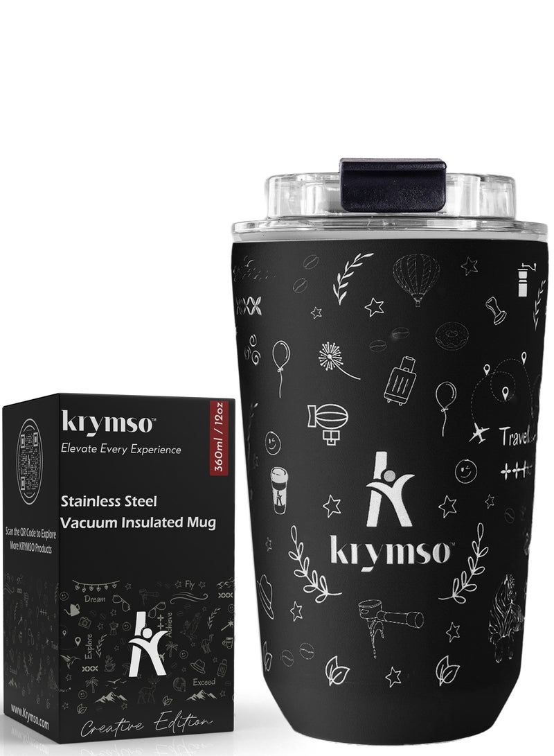 KRYMSO, 360ml Travel Coffee Mug, Stainless Steel Coffee Mug Insulated Tumbler, Thermos Flask, Double Wall Thermal Coffee Cup, Travel Mug with Leakproof Lid