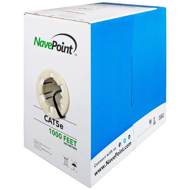 NavePoint CAT5e CCA 1000ft Black Solid Bulk Ethernet Cable 24AWG 4 Pair Unshielded Twisted Pair UTP