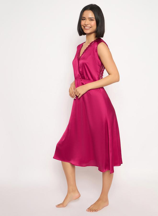 Clovia Solid Lace Detail Open Back Satin Nightdress - Image 4