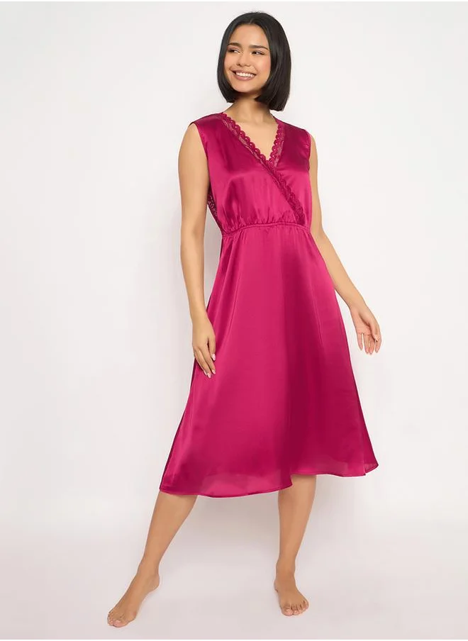 كلوفيا Clovia Solid Lace Detail Open Back Satin Nightdress