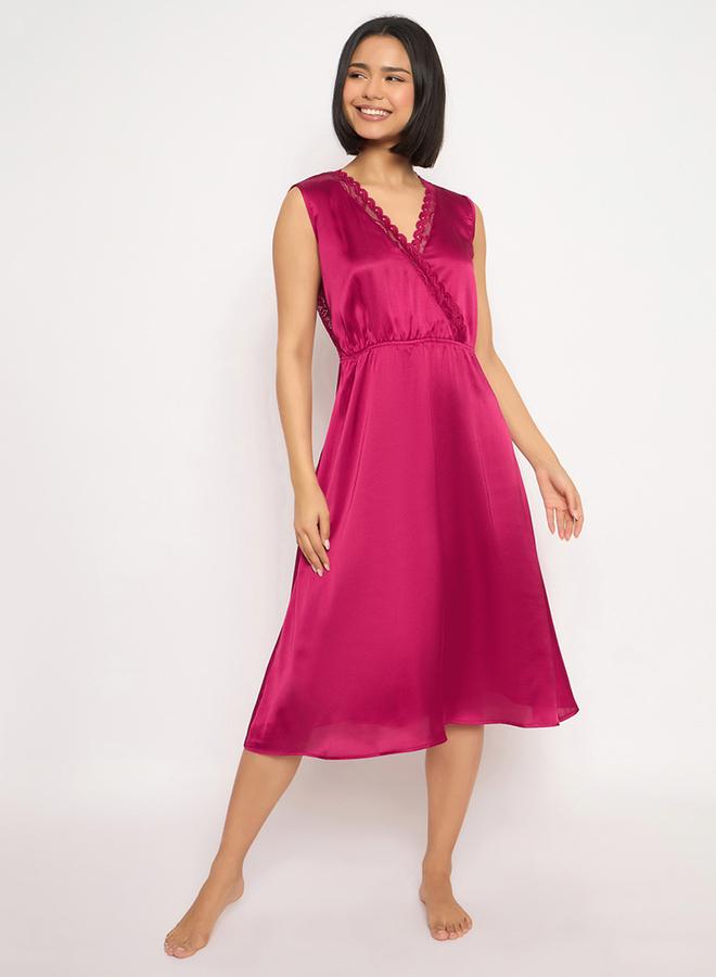 Clovia Solid Lace Detail Open Back Satin Nightdress - Image 2