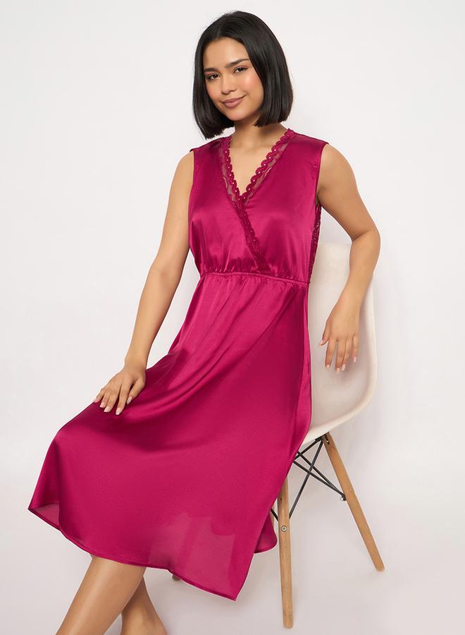 Clovia Solid Lace Detail Open Back Satin Nightdress - Image 1