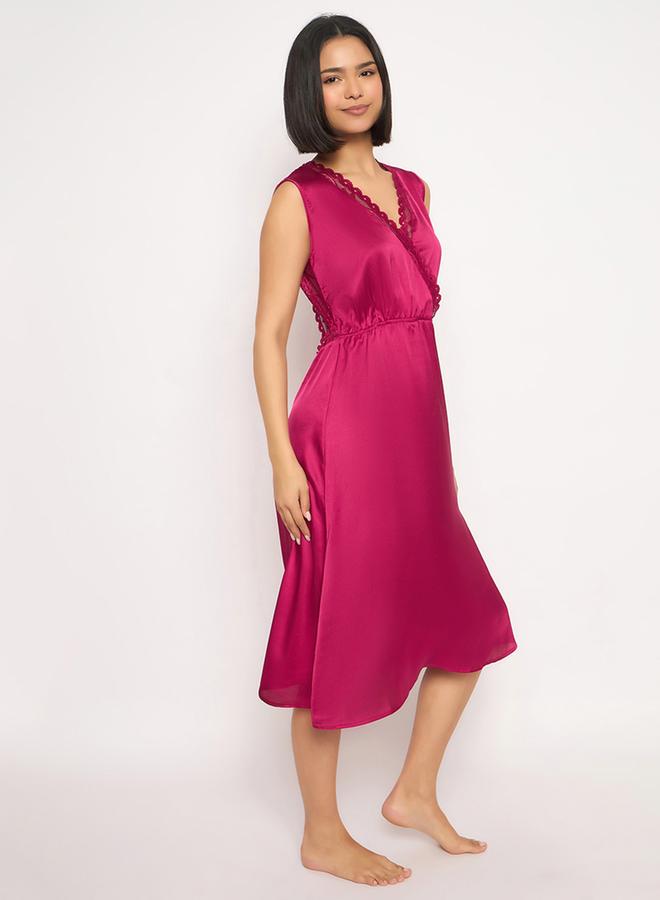 Clovia Solid Lace Detail Open Back Satin Nightdress - Image 5