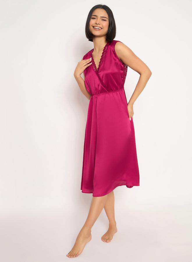 Clovia Solid Lace Detail Open Back Satin Nightdress - Image 3