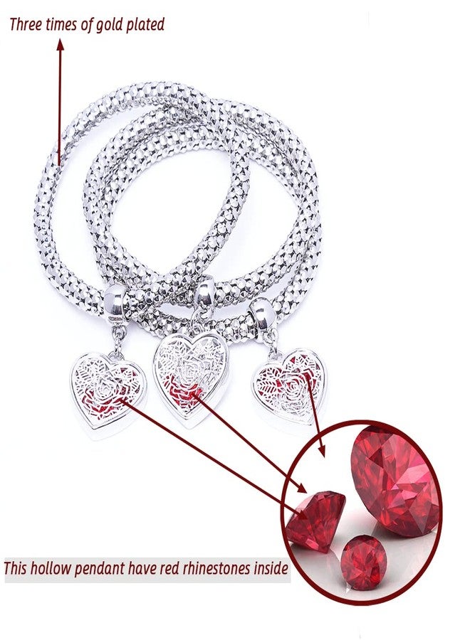 SILANER Crystal Charms Multilayer Bracelets - 3PCS Gold/Silver/Rose Gold Corn Chain Bracelet for Women, Tree of Life Heart Shaped Stretch Bracelet, 7.5 inches, Copper, crystal - Image 2