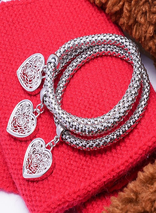SILANER Crystal Charms Multilayer Bracelets - 3PCS Gold/Silver/Rose Gold Corn Chain Bracelet for Women, Tree of Life Heart Shaped Stretch Bracelet, 7.5 inches, Copper, crystal - Image 4