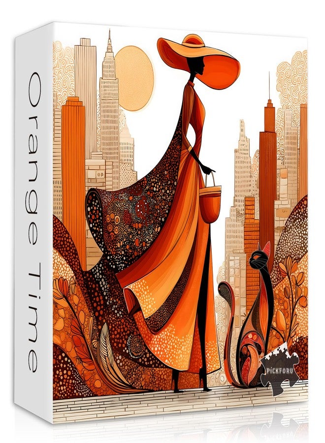 PICKFORU Impossible Puzzle for Adults 1000 Pieces, PICKFORU Orange Time Jigsaw Puzzle Beauty Women Aesthetic Art, Cat Elegant Lady Challenge Puzzle - Image 1