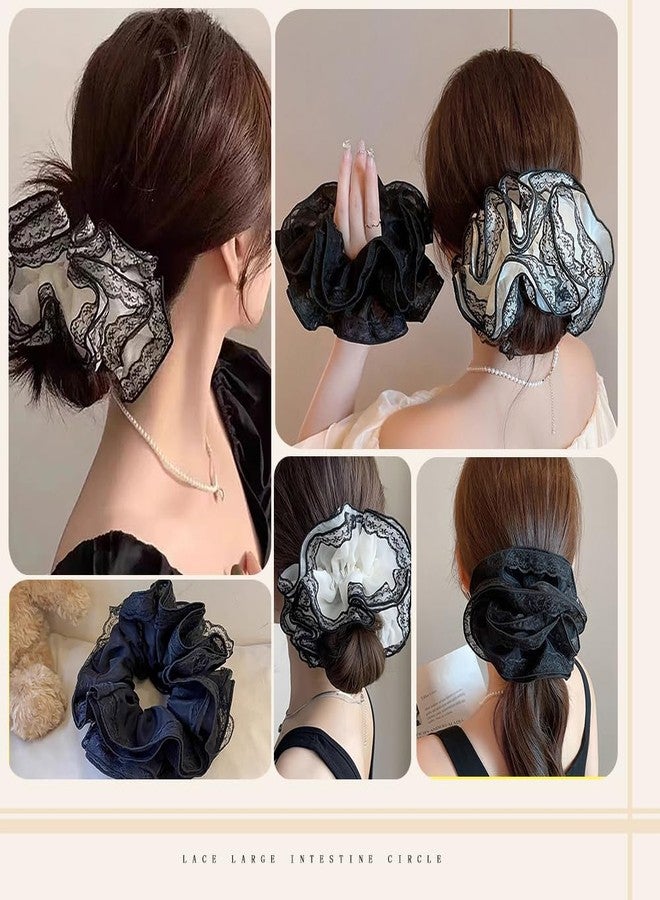 DINPREY 2 Pieces Lace Organza Scrunchies Large Hair accessories for Women girls Elegant lace hair ties ponytail thick curly hairs (Black) - Image 3