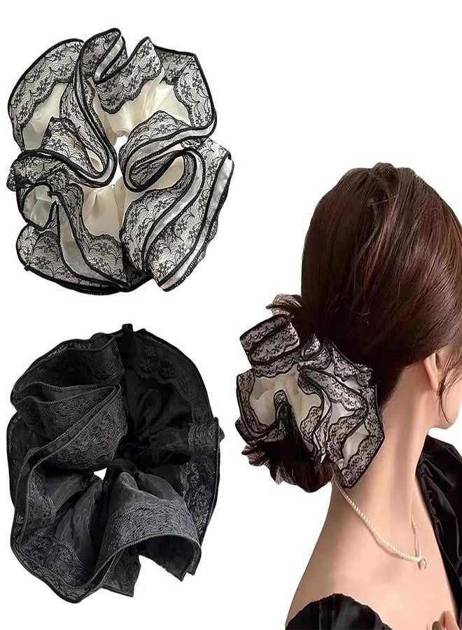 DINPREY 2 Pieces Lace Organza Scrunchies Large Hair accessories for Women girls Elegant lace hair ties ponytail thick curly hairs (Black) - Image 1