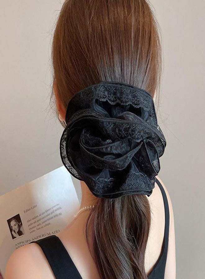 DINPREY 2 Pieces Lace Organza Scrunchies Large Hair accessories for Women girls Elegant lace hair ties ponytail thick curly hairs (Black) - Image 5