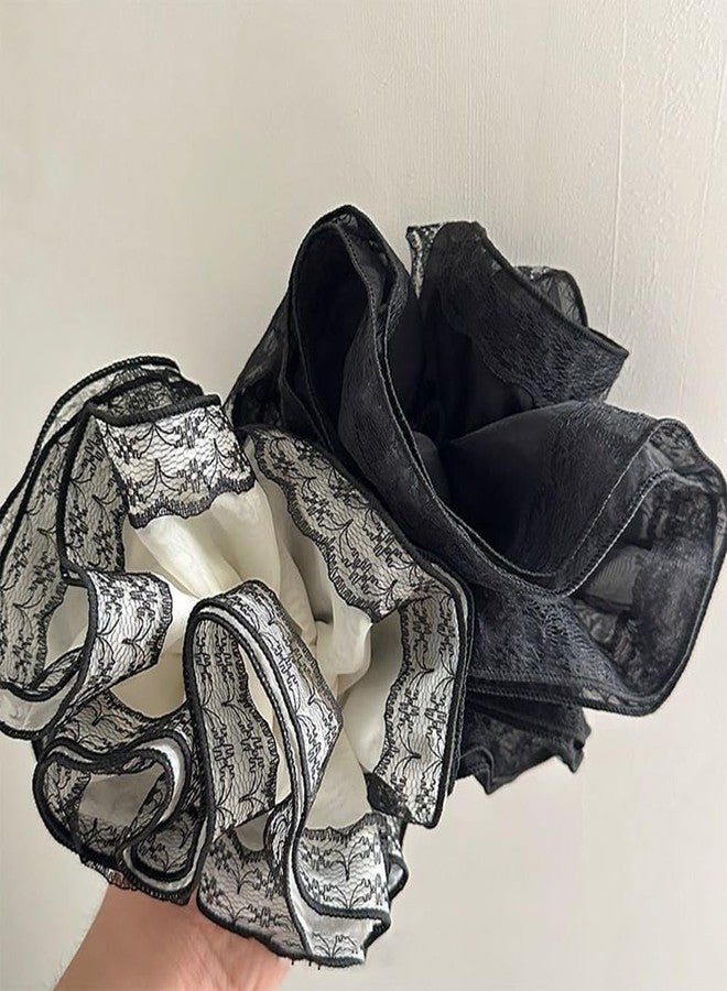 DINPREY 2 Pieces Lace Organza Scrunchies Large Hair accessories for Women girls Elegant lace hair ties ponytail thick curly hairs (Black) - Image 4