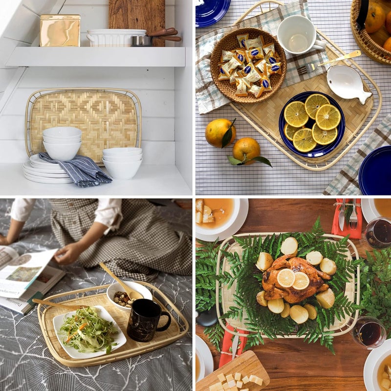 PEMAR Set of 2 Bamboo Wicker Serving Trays for Foods Drinks Rectangular Breakfast Lap Trays with Handles Wooden Decorative Platters for Coffee Table Bed Eating Standard Size - Image 3