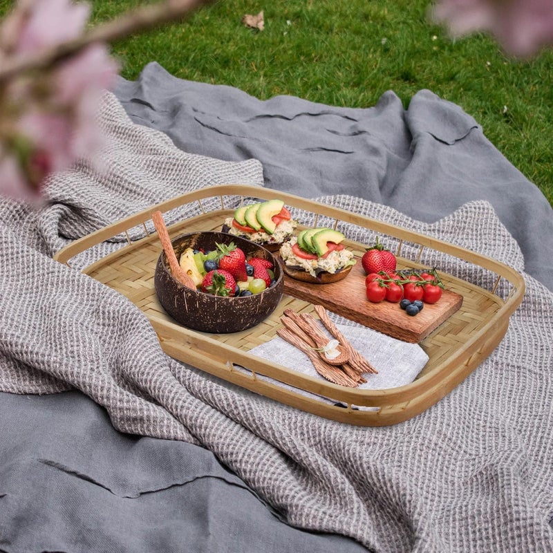 PEMAR Set of 2 Bamboo Wicker Serving Trays for Foods Drinks Rectangular Breakfast Lap Trays with Handles Wooden Decorative Platters for Coffee Table Bed Eating Standard Size - Image 2